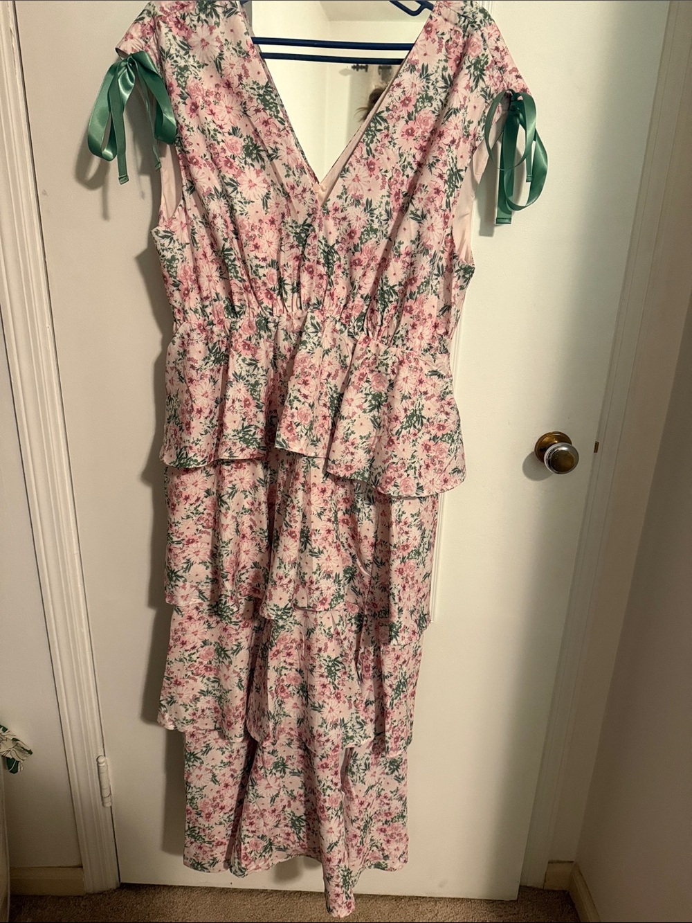 Floral Pink Tiered V-Neck Maxi Dress with Green Ribbon Ties